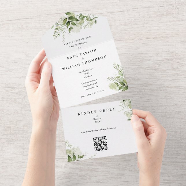Invitation Tout En Un Code QR Monogramme Floral de Verdure Mariage (Déchirure)
