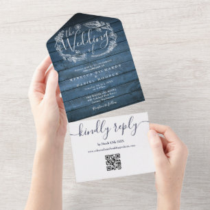 Invitation Tout En Un Code QR Monogramme Floral Mariage Bois Rustique Bl