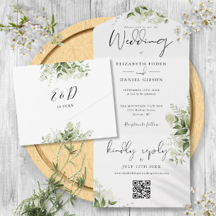 Invitation Tout En Un Code QR Monogramme Floral Végétal Mariage