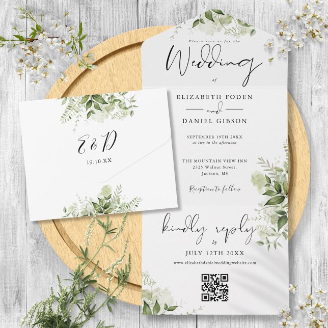 Invitation Tout En Un Code QR Monogramme Floral Végétal Mariage (Greenery Floral QR Code Monogram Wedding All In One Invitation)