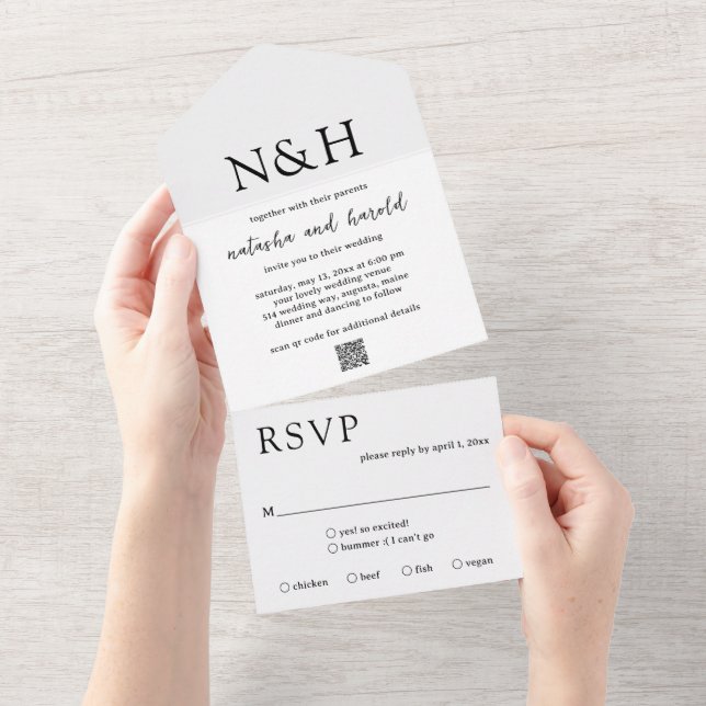 Invitation Tout En Un Code QR Monogramme Gras Mariage Noir et Blanc (Déchirure)