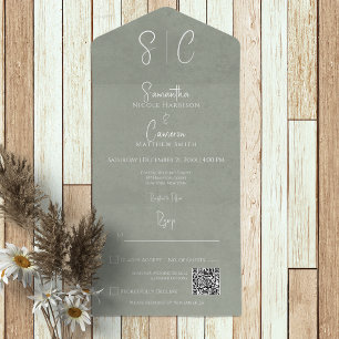 Invitation Tout En Un Code QR Monogramme Minimaliste Vert Sauge Moderne