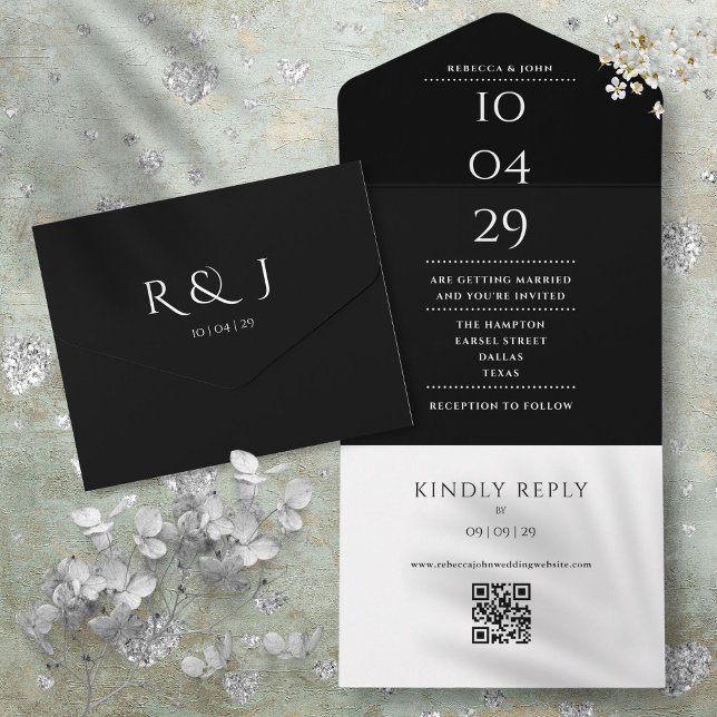 Invitation Tout En Un Code QR Monogramme Noir Et Blanc Date De Mariage (Black An White Monogram QR Code Wedding Date All In One Invitation)