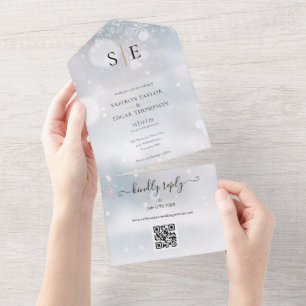 Invitation Tout En Un Code QR Monogramme Noir et Or Mariage d'Hiver