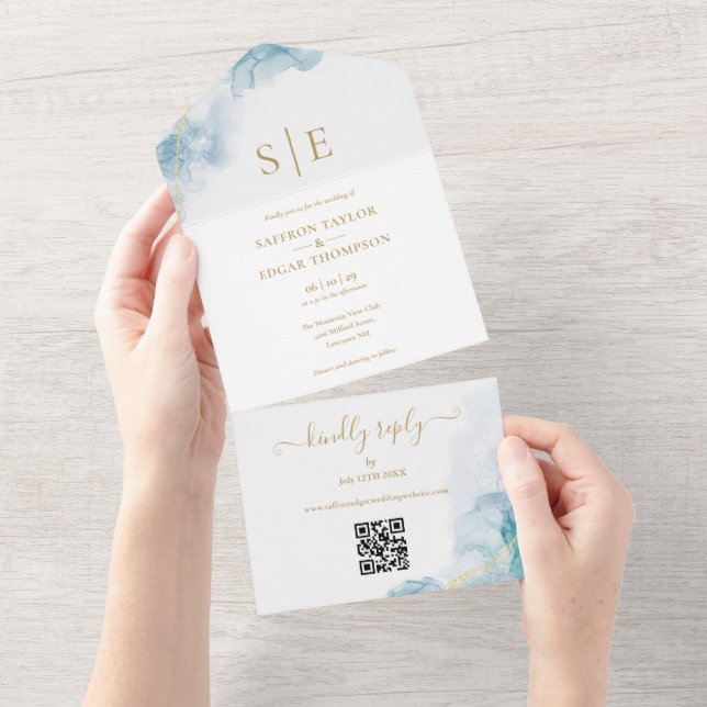 Invitation Tout En Un Code QR Monogramme Or Mariage Aquarelle Bleue (Déchirure)