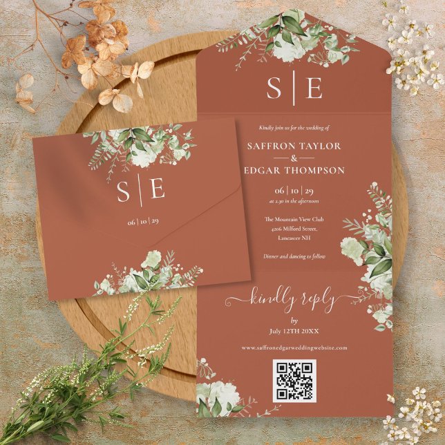 Invitation Tout En Un Code QR Monogramme Verdure Terracotta Mariage (Monogram QR Code Greenery Terracotta Wedding All In One Invitation)
