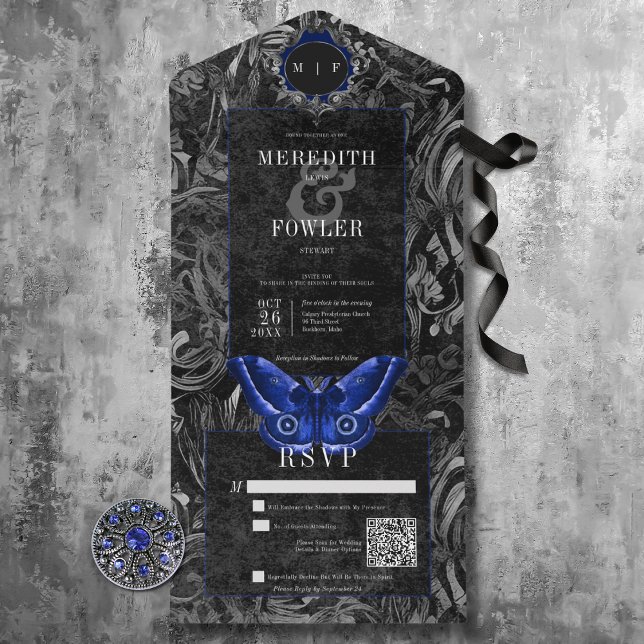 Invitation Tout En Un Code QR Moth filigree noir gothique bleu foncé (Dark Gothic Black & Blue Filigree Moth All In One Wedding Invitation with QR Code)