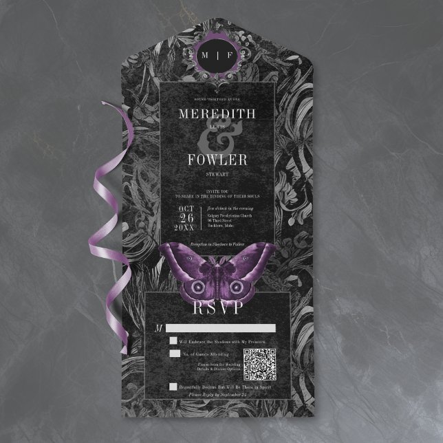 Invitation Tout En Un Code QR Moth filigree noir gothique violet (Créateur téléchargé)