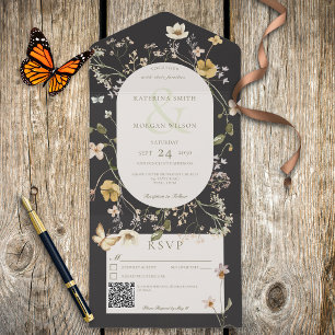 Invitation Tout En Un Code QR noir du cadre Fleur sauvage rustique