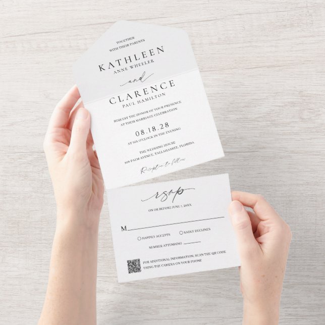 Invitation Tout En Un Code QR noir et blanc classique Élégant mariage (Déchirure)