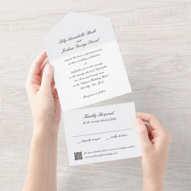 Invitation Tout En Un Code QR noir et blanc classique Mariage intemporel (Déchirure)