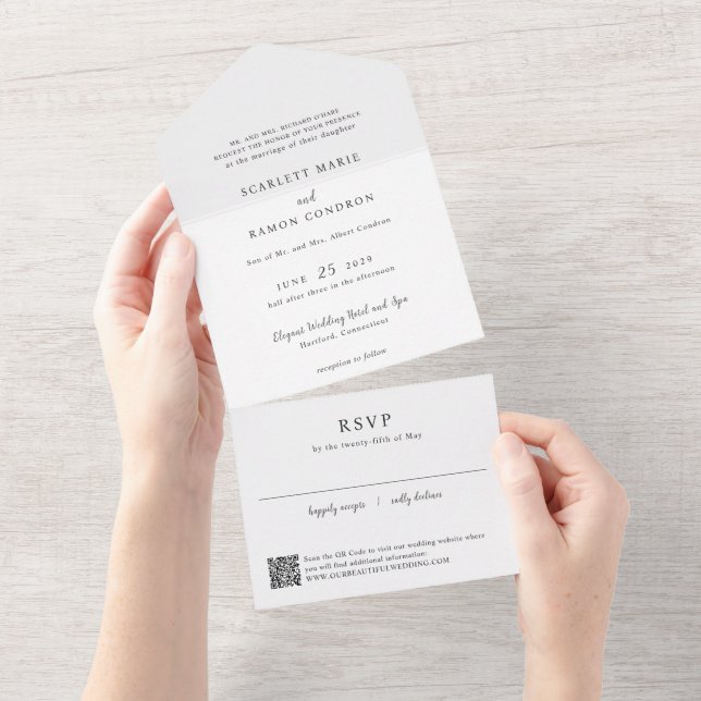 Invitation Tout En Un Code QR noir et blanc intemporel Élégant mariage (Déchirure)