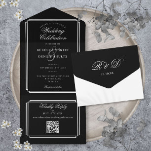 Invitation Tout En Un Code QR noir et blanc Mariage Monogramme Art Déco