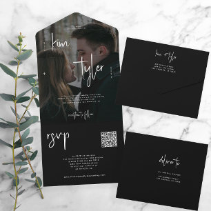 Invitation Tout En Un Code QR noir et blanc rsvp photo mariage moderne