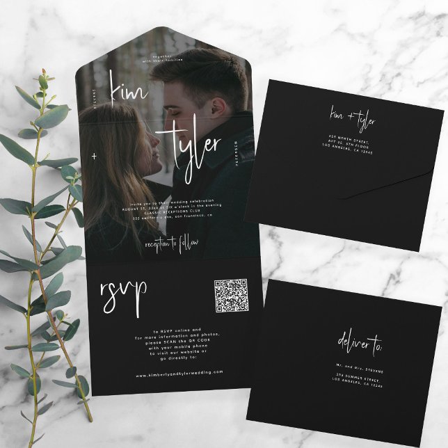 Invitation Tout En Un Code QR noir et blanc rsvp photo mariage moderne (Créateur téléchargé)