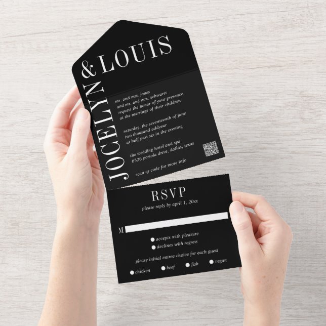 Invitation Tout En Un Code QR Noir Gras Mariage Moderne (Déchirure)