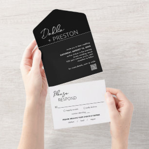 Invitation Tout En Un Code QR noir minimum Mariage moderne