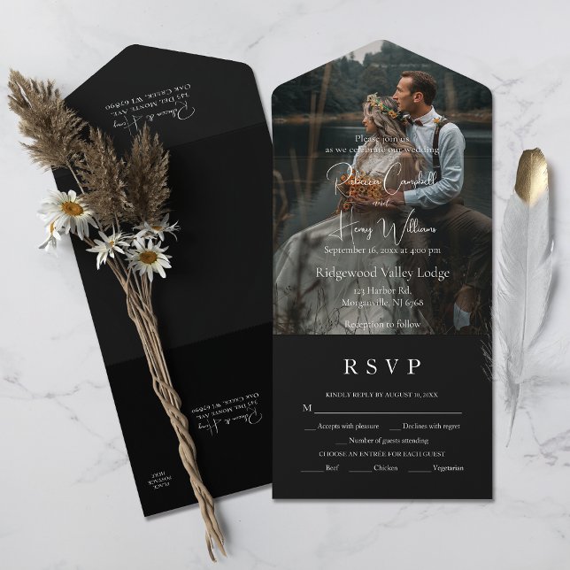 Invitation Tout En Un Code QR noir moderne | Photo | Réponse RSVP mariag (Simplify your wedding with our all-in-one invitation – convenience and beauty in a single card.)