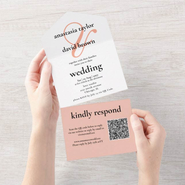 Invitation Tout En Un Code QR Peach Ampersand   (Déchirure)