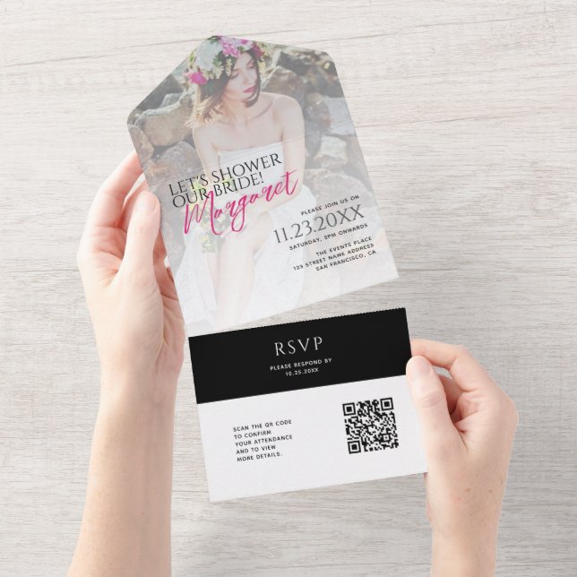 Invitation Tout En Un Code QR photo chic moderne pour notre mariée Let's (Déchirure)