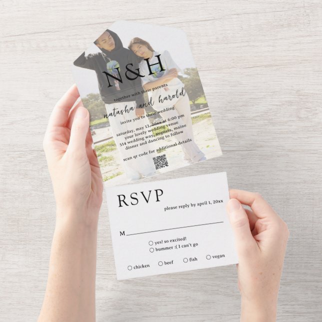 Invitation Tout En Un Code QR photo de monogramme gras mariage moderne (Déchirure)
