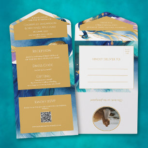 Invitation Tout En Un Code QR photo Mariage Tout Luxueux Bleu Paon