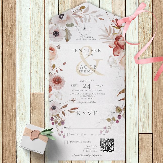Invitation Tout En Un Code QR romantique blanc et rose floral (Créateur téléchargé)