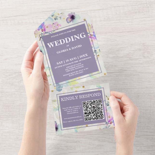 Invitation Tout En Un Code QR romantique mauve floral (Déchirure)