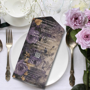 Invitation Tout En Un Code QR Rose élégant, gothique foncé et violet