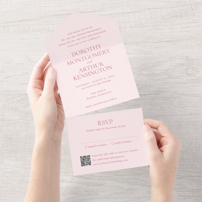 Invitation Tout En Un Code QR Rose Moderne Élégant Mariage (Déchirure)