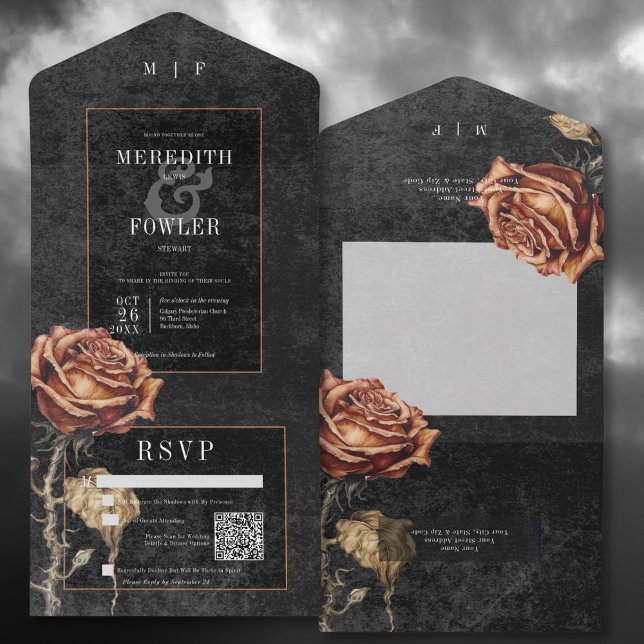 Invitation Tout En Un Code QR Rose noir et rouille foncé gothique (Dark Gothic Black & Rust Rose All In One Wedding Invitation with QR Code)