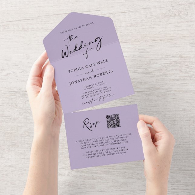 Invitation Tout En Un Code QR RSVP Calligraphie Mariage de lavande tenda (Déchirure)