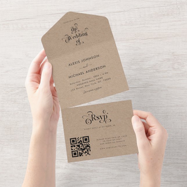 Invitation Tout En Un Code QR RSVP de typographie moderne de style Kraft (Déchirure)