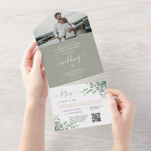 Invitation Tout En Un Code QR RSVP Mariage de printemps Eucalyptus Rusti