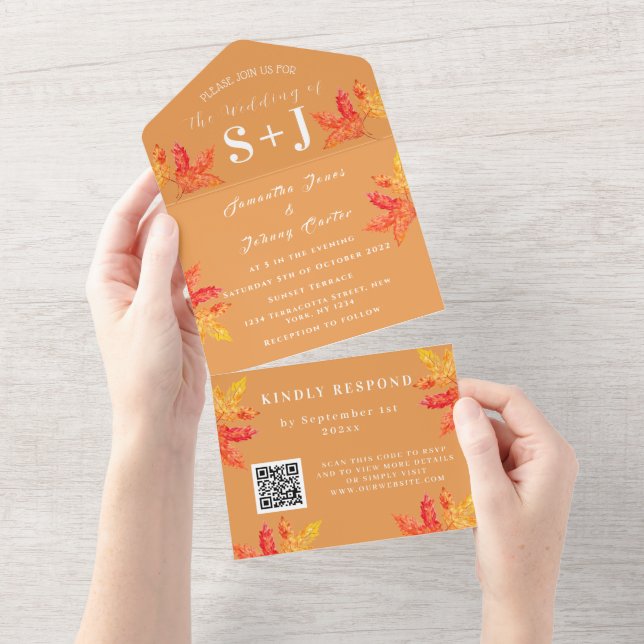Invitation Tout En Un Code QR RSVP Mariage Feuille Brûlée Orange Automne (Déchirure)