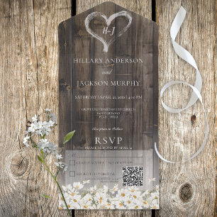 Invitation Tout En Un Code QR rustique Barnwood & Daisies