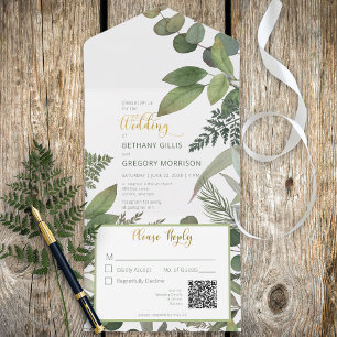 Invitation Tout En Un Code QR rustique Tropical Green & Eucalyptus
