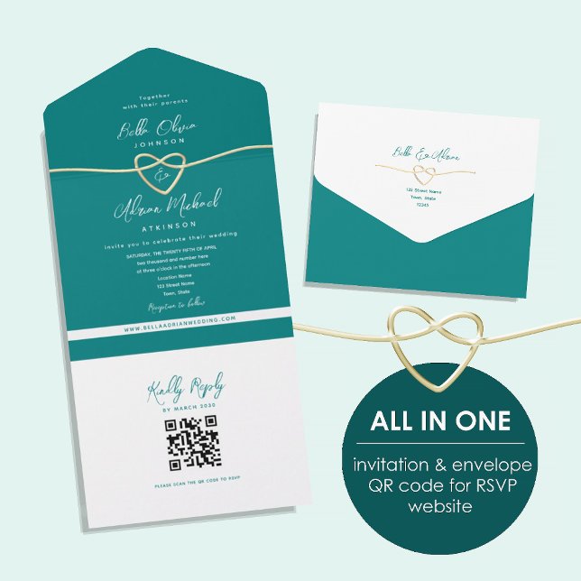 Invitation Tout En Un Code QR sarcelle or cœur mariage (Créateur téléchargé)
