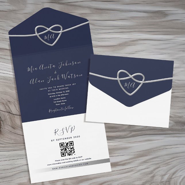 Invitation Tout En Un Code QR simple bleu marine pour mariage (Créateur téléchargé)