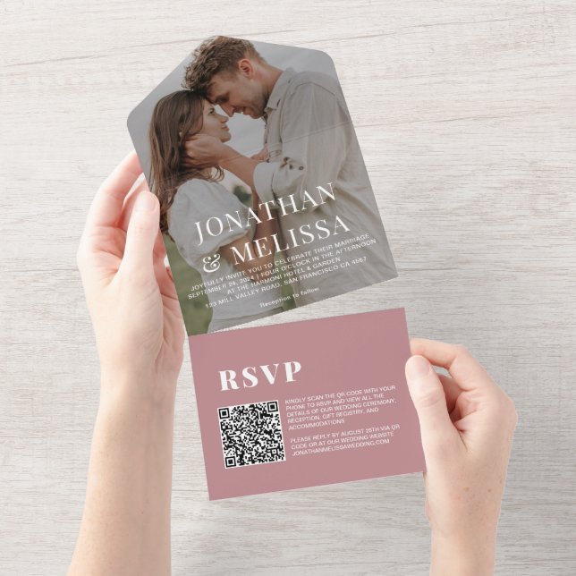 Invitation Tout En Un Code QR | Simple photo de superposition rose pouss (Déchirure)