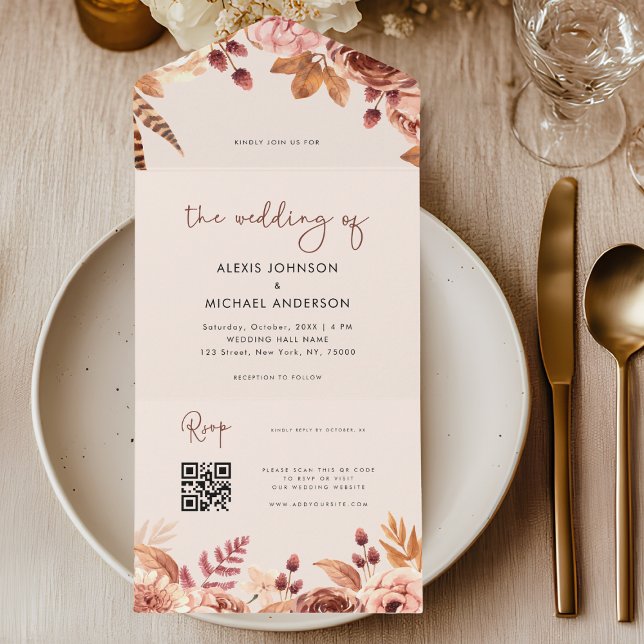 Invitation Tout En Un Code QR site Web Floral Boho Aquarelle Automne (Créateur téléchargé)