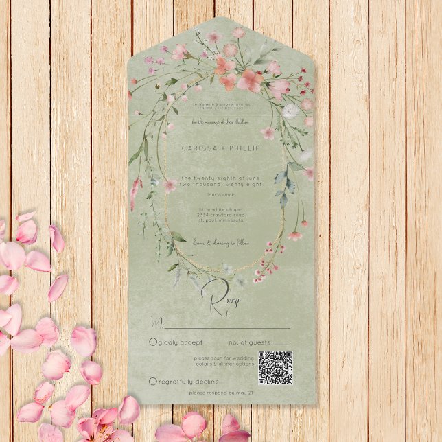 Invitation Tout En Un Code QR stylé de Fleurs sauvages rustiques roses d (Also available without a QR code; with or without dinner selection options.)