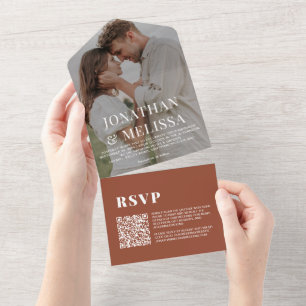 Invitation Tout En Un Code QR   Terracotta Simple Overlay Photo Mariage