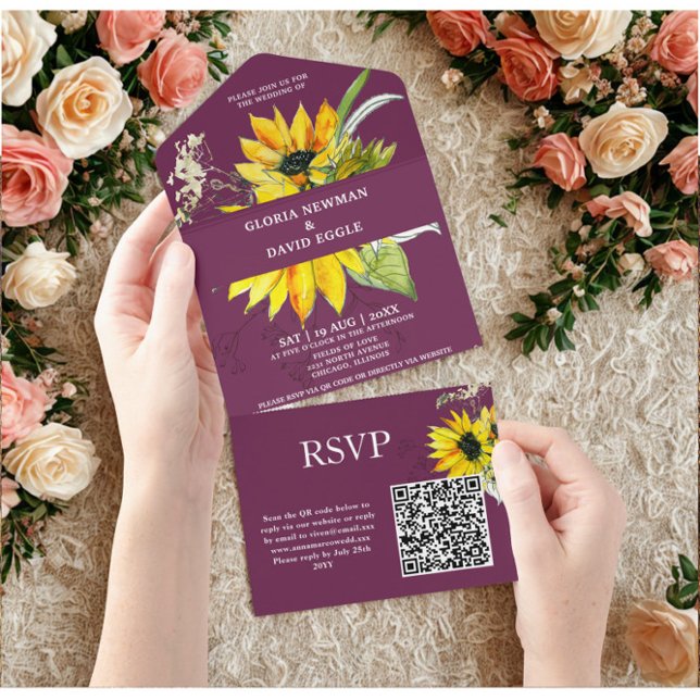 Invitation Tout En Un Code QR Tournesol Prune Pourpre (Créateur téléchargé)