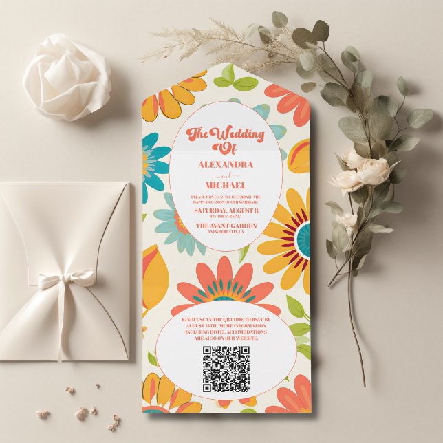 Invitation Tout En Un Code QR  Typographie Rétro Mariage Soleil d'Été (Créateur téléchargé)