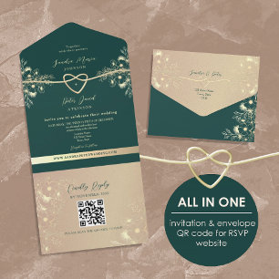 Invitation Tout En Un Code QR Vert Émeraude Or Mariage