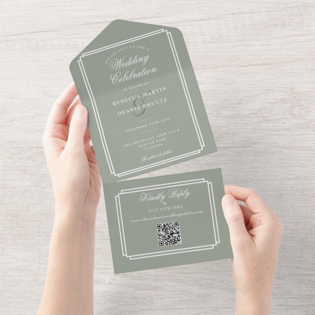 Invitation Tout En Un Code QR Vert Sauge Art Déco Monogramme Mariage (Déchirure)