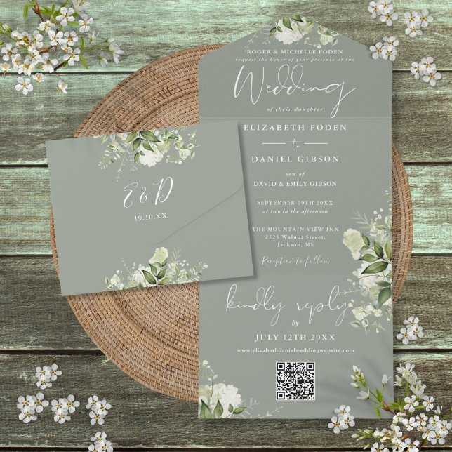 Invitation Tout En Un Code QR vert sauge floral mariage formel (Floral Sage Green QR Code Formal Wedding All In One Invitation)