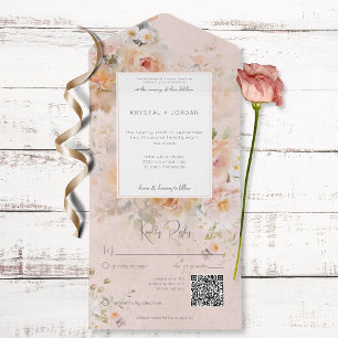 Invitation Tout En Un Code QR vintage à cadre rose rustique