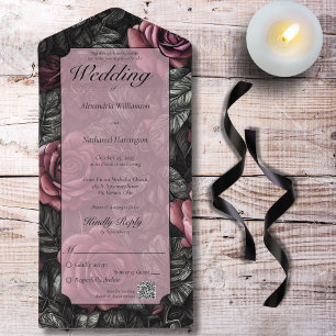 Invitation Tout En Un Code QR vintage Mauve, Grey et Rose noir